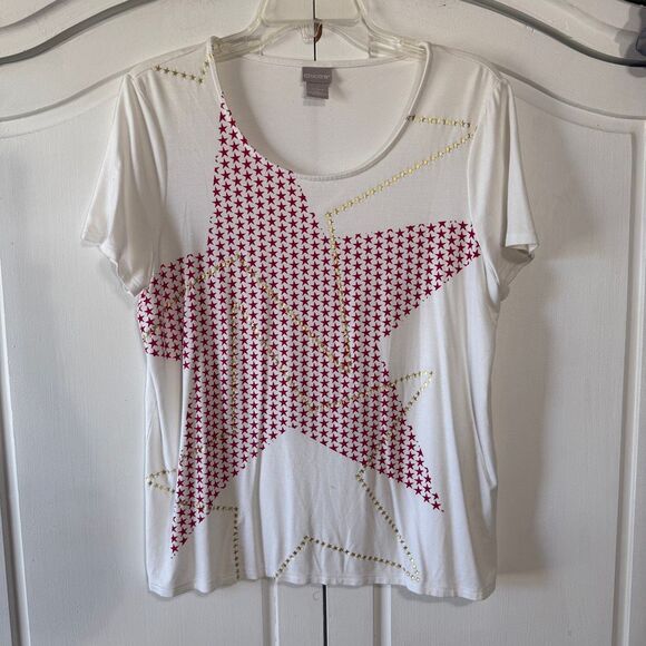 Chico's Short-Sleeved, PaTriotic Shirt with Single Star and Scoop Neck. - Picture 1 of 7